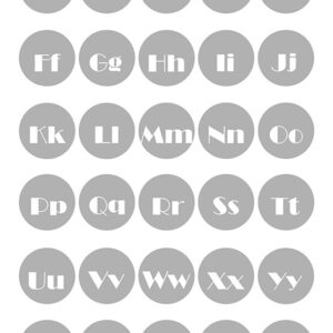 Alfabetplakat med hvide bogstaver i grå cirkler