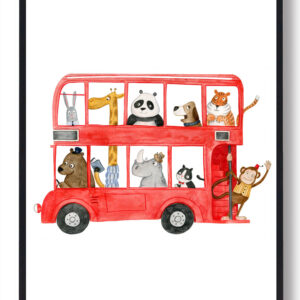 Rød bus med dyr - håndtegnet plakat
