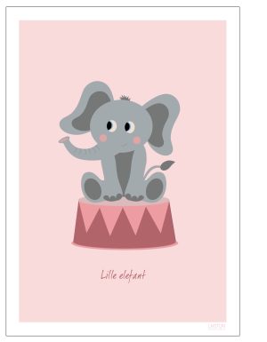 Børneplakat med elefant i cirkus (Lyserød). Børneplakat. A3 (29,7x42 cm)