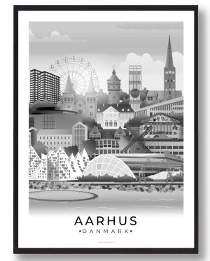 Aarhus byplakat med hvid kant - sort (Størrelse: M - 30x40cm)