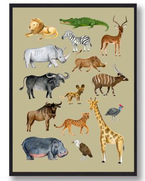 Afrikas dyr - håndtegnet plakat (gul) (Størrelse: M - 30x40cm)