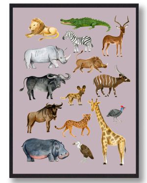 Afrikas dyr - håndtegnet plakat (lyserød) (Størrelse: M - 30x40cm)