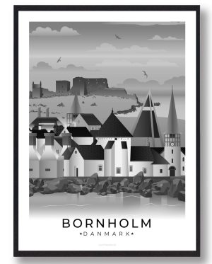 Bornholm byplakat med hvid kant - sort (Størrelse: S - 21x29,7cm (A4))
