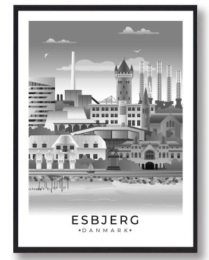 Esbjerg byplakat med hvid kant - sort (Størrelse: L - 50x70cm (B2))