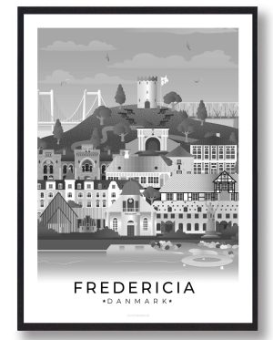 Fredericia byplakat med hvid kant - sort (Størrelse: S - 21x29,7cm (A4))