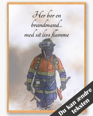Her bor en brandmand... (orange/blå) - plakat (Størrelse: S - 21x29,7cm (A4))